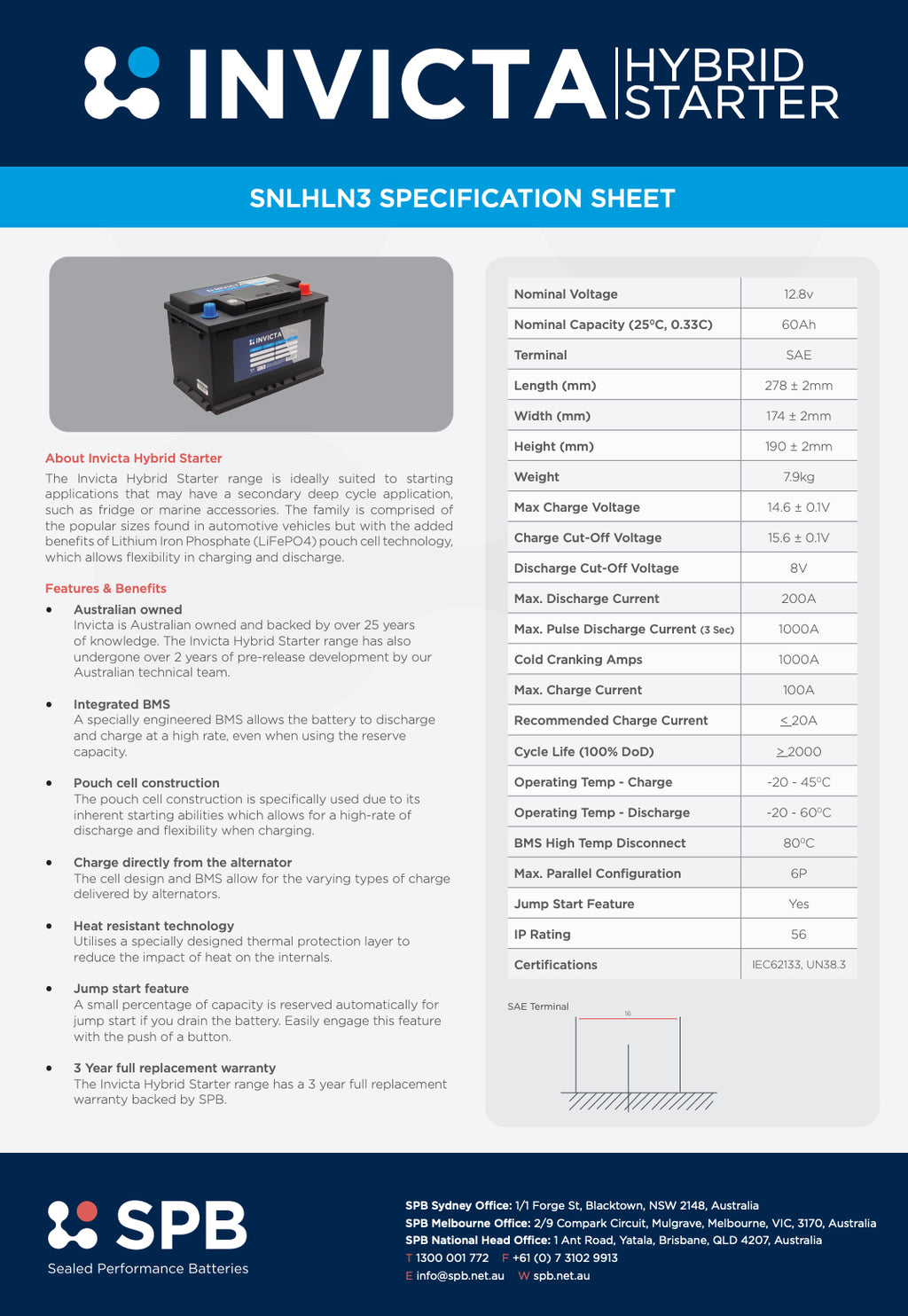 Invicta 12V 60Ah 1000CCA SNLHLN3 Hybrid Lithium Battery