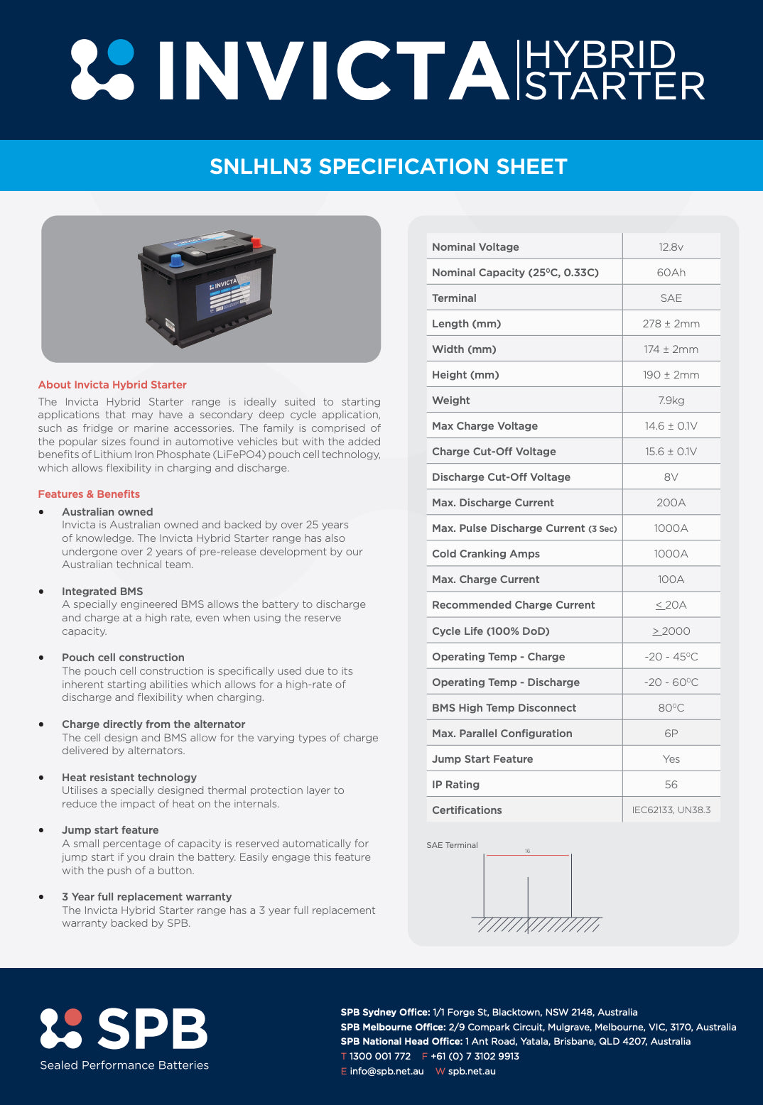 Invicta 12V 60Ah 1000CCA SNLHLN3 Hybrid Lithium Battery